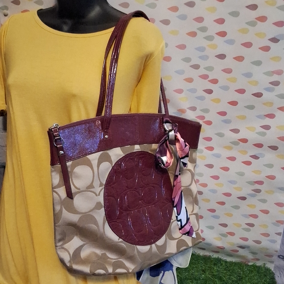 Coach Handbags - Coach  LAURA Tan and Burgundy LARGE TOTE